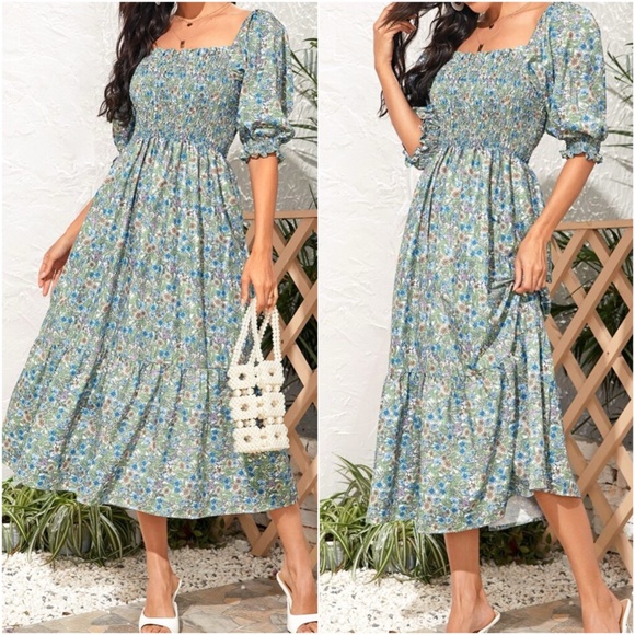 BellanBlue Dresses & Skirts - Boho green floral print puff sleeve ruffle dress